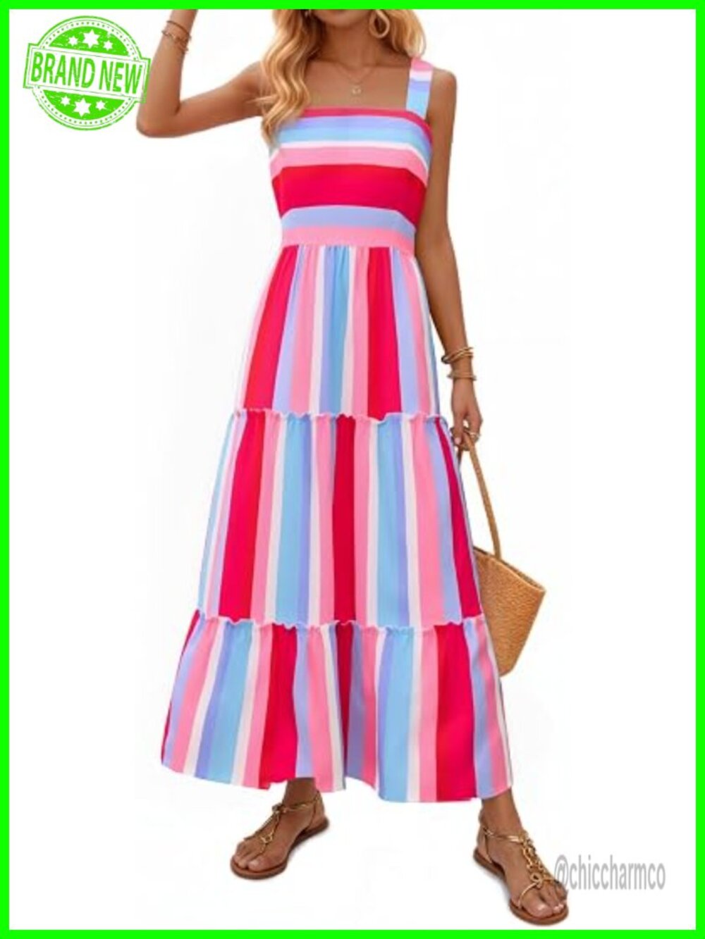 Striped Smocked A-Line Maxi Dress with Patchwork